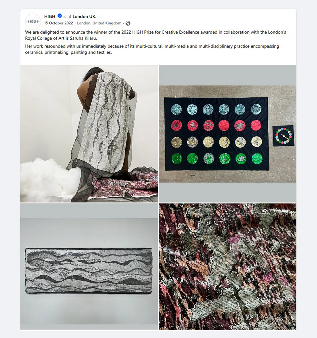 Saruha wins the high prize 2022 for her multi media and multi disciplinary practice in fine arts